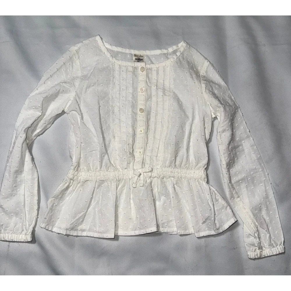 OshKosh Bgosh Girls White Swiss Dot Long Sleeve Peplum Blouse Top Size 6 6X